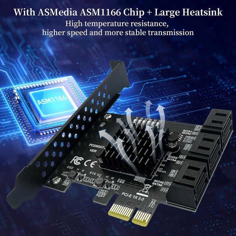 Xdingjiala PCI-E 1X to SATA 3.0 Controller Card, 6-Port SATA III 6Gbps Expansion Card Supports PCI-Express (1x/4x/8x/16x) Slots Compatible with SSDs and HDDs, for Windows/XP/MAC/Linux Systems - Image 2